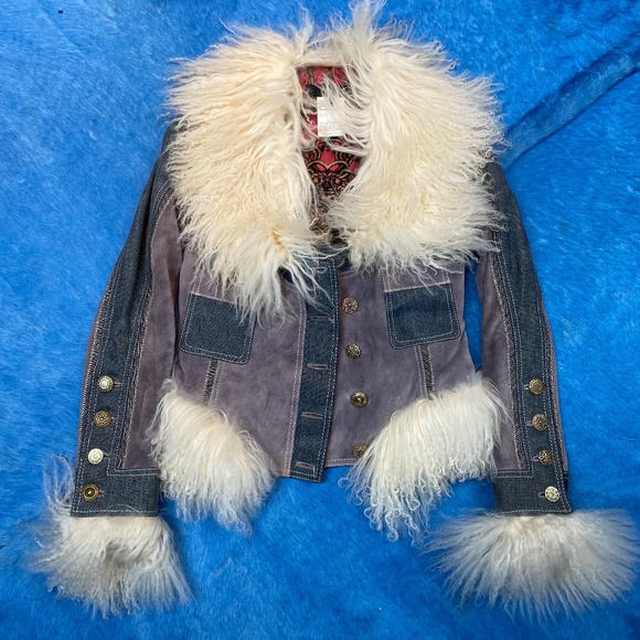 Stunning! Denim, suede and Mongolian hair jacket by Cavalli size 42. (US8) - Picture 1 of 13